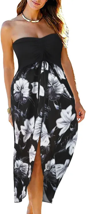 Women's Beach Dress Summer Maxi Sundress Strapless Hawaiian Cover Ups Asymmetrical Wrap Dresses