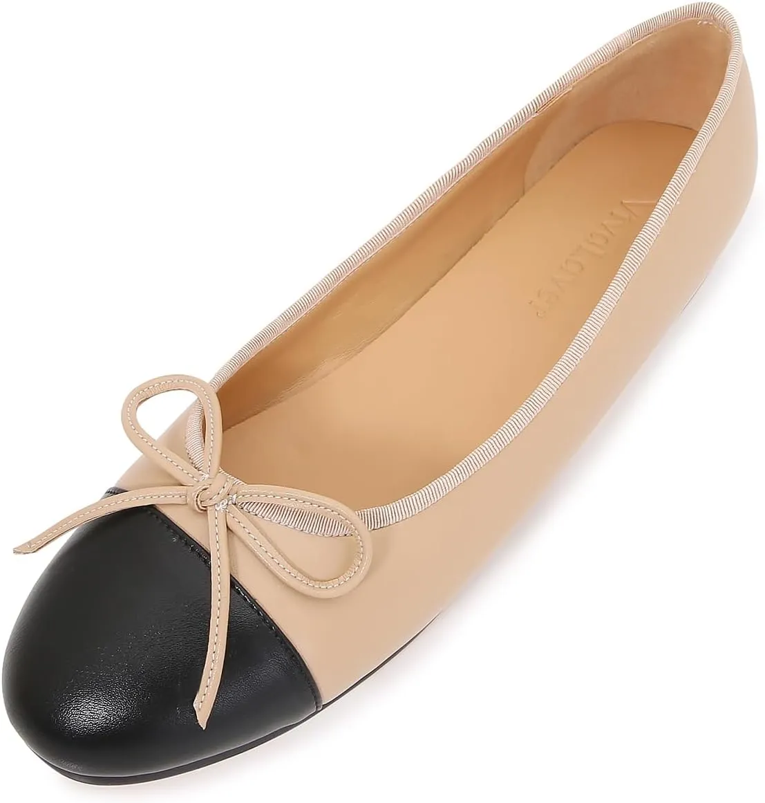 Women's Cap Toe Ballet Flats Two Tone Bow Flats Round Toe Shoes for Women Slip on Casual, Work, Dress Flats Pumps for Women