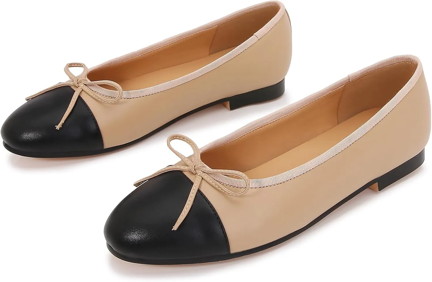Women's Cap Toe Ballet Flats Two Tone Bow Flats Round Toe Shoes for Women Slip on Casual, Work, Dress Flats Pumps for Women