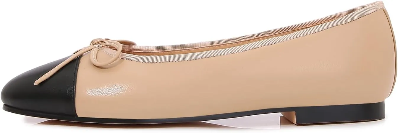 Women's Cap Toe Ballet Flats Two Tone Bow Flats Round Toe Shoes for Women Slip on Casual, Work, Dress Flats Pumps for Women