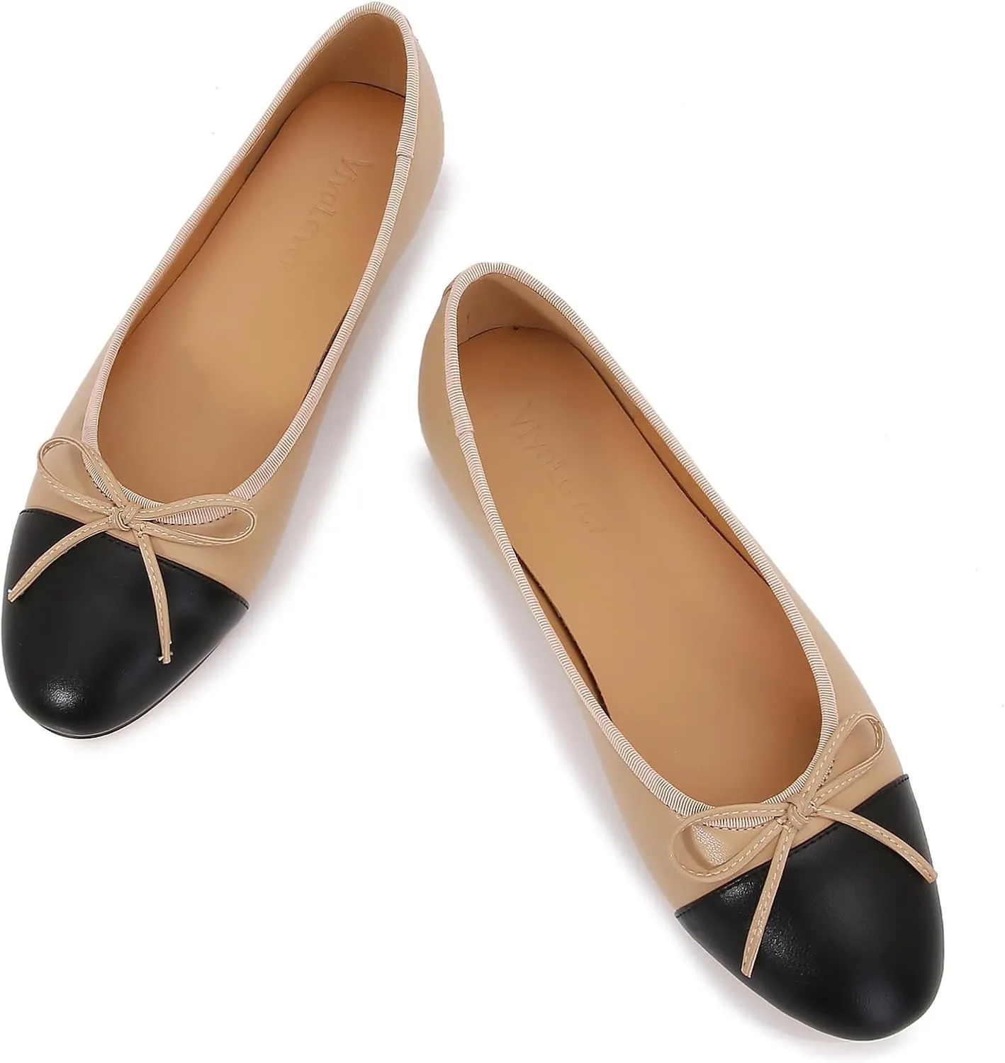 Women's Cap Toe Ballet Flats Two Tone Bow Flats Round Toe Shoes for Women Slip on Casual, Work, Dress Flats Pumps for Women