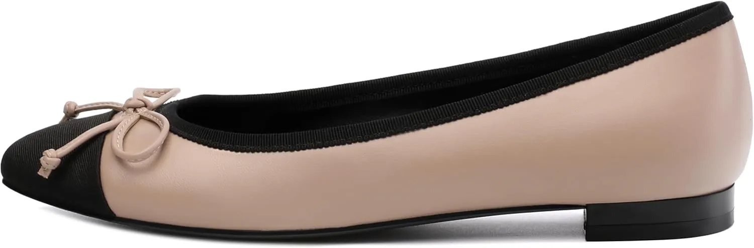 Women's Cap Toe Flats, Square Toe Ballet Flats with Bow, Two Tone Slip On Dress Flats for Women