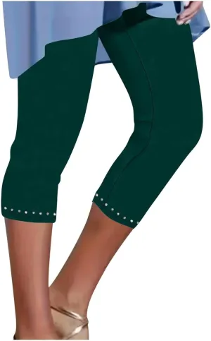 Womens Capris Leggings Yoga Pants with Pockets Plus Size High Waisted Stretch Capris Rhinestone Trim Tights