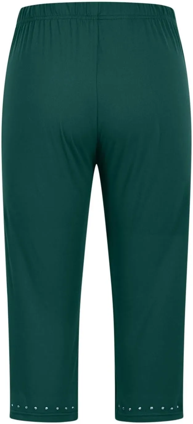 Womens Capris Leggings Yoga Pants with Pockets Plus Size High Waisted Stretch Capris Rhinestone Trim Tights