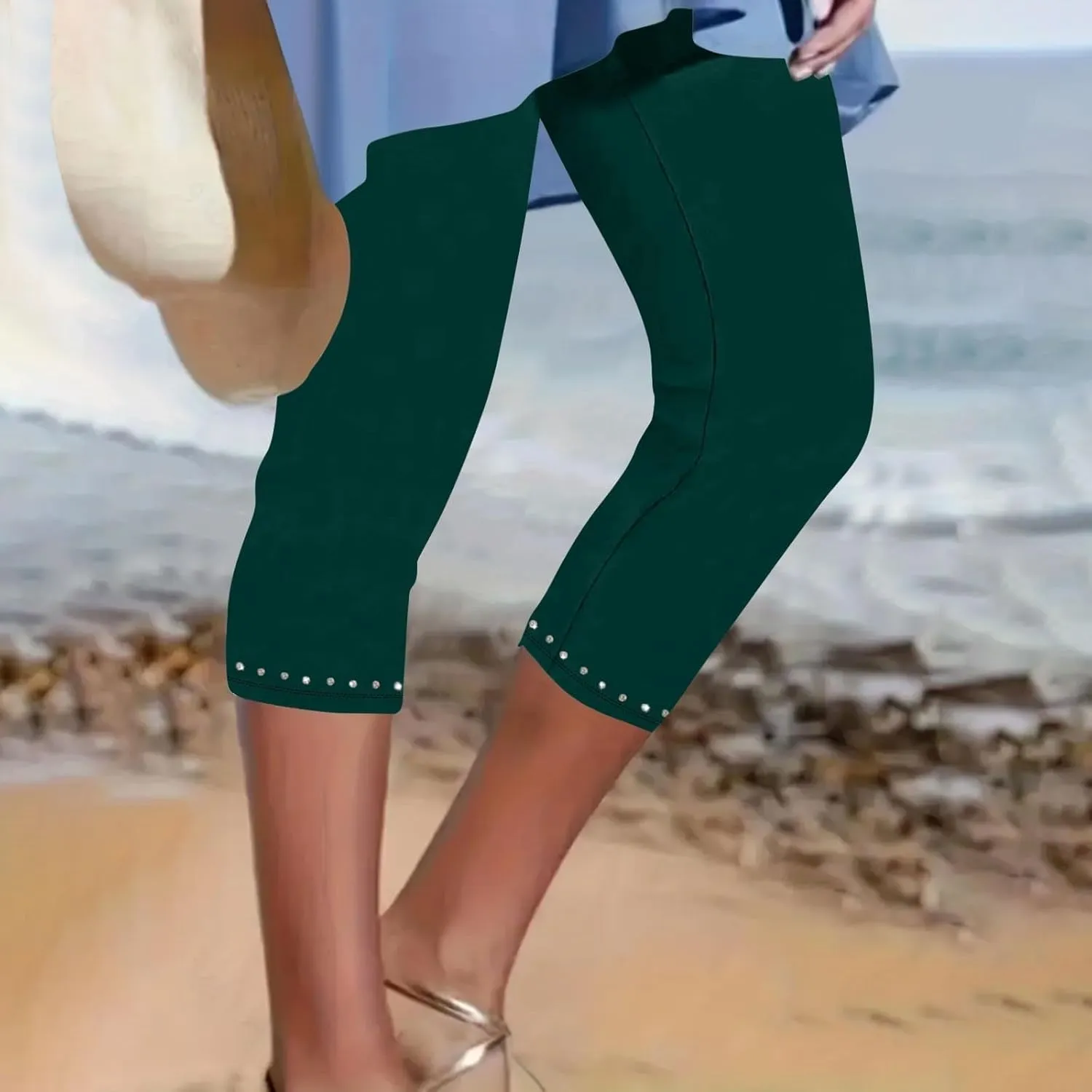 Womens Capris Leggings Yoga Pants with Pockets Plus Size High Waisted Stretch Capris Rhinestone Trim Tights