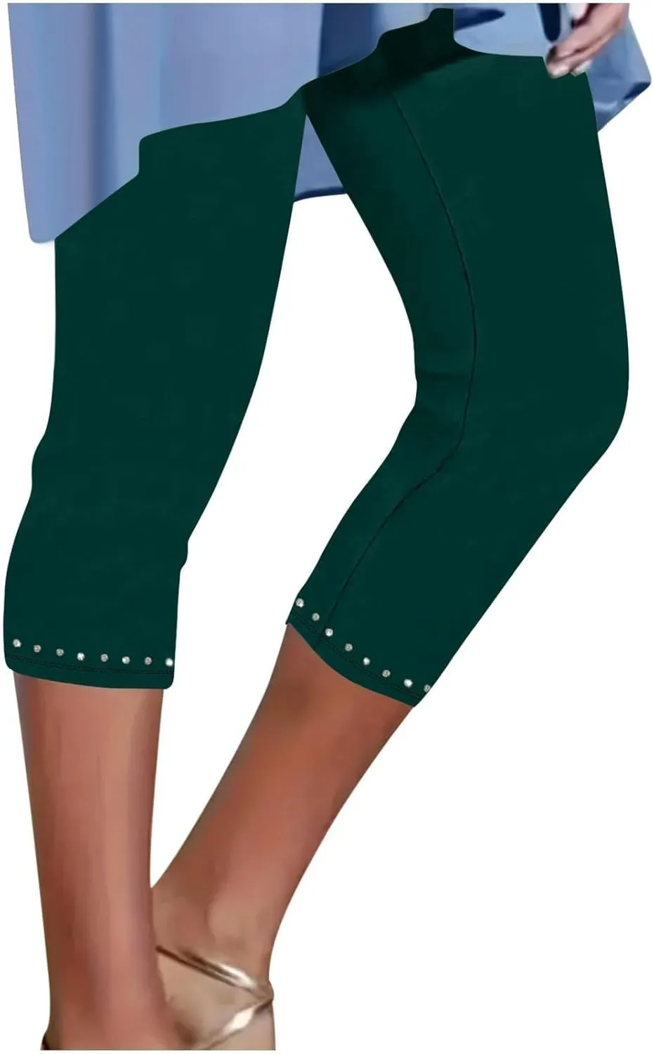 Womens Capris Leggings Yoga Pants with Pockets Plus Size High Waisted Stretch Capris Rhinestone Trim Tights