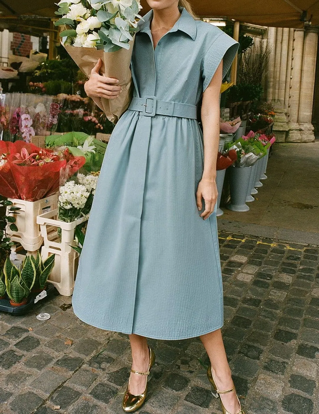 Women's Casual Button Shirt Dresses Short Sleeve Business Long Dresses Elegant Trench Coat with Pockets