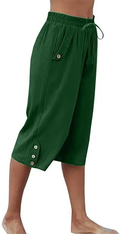 Womens Casual Capri Pants Elastic Waist Solid Color 3/4 Wide Leg Summer Trousers with Pockets