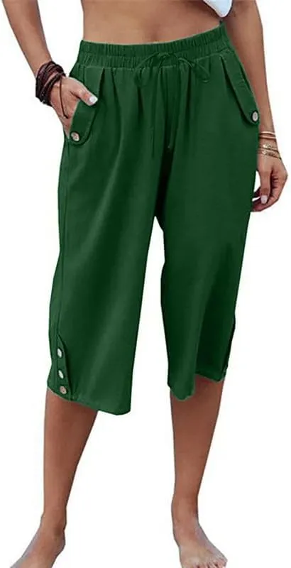 Womens Casual Capri Pants Elastic Waist Solid Color 3/4 Wide Leg Summer Trousers with Pockets