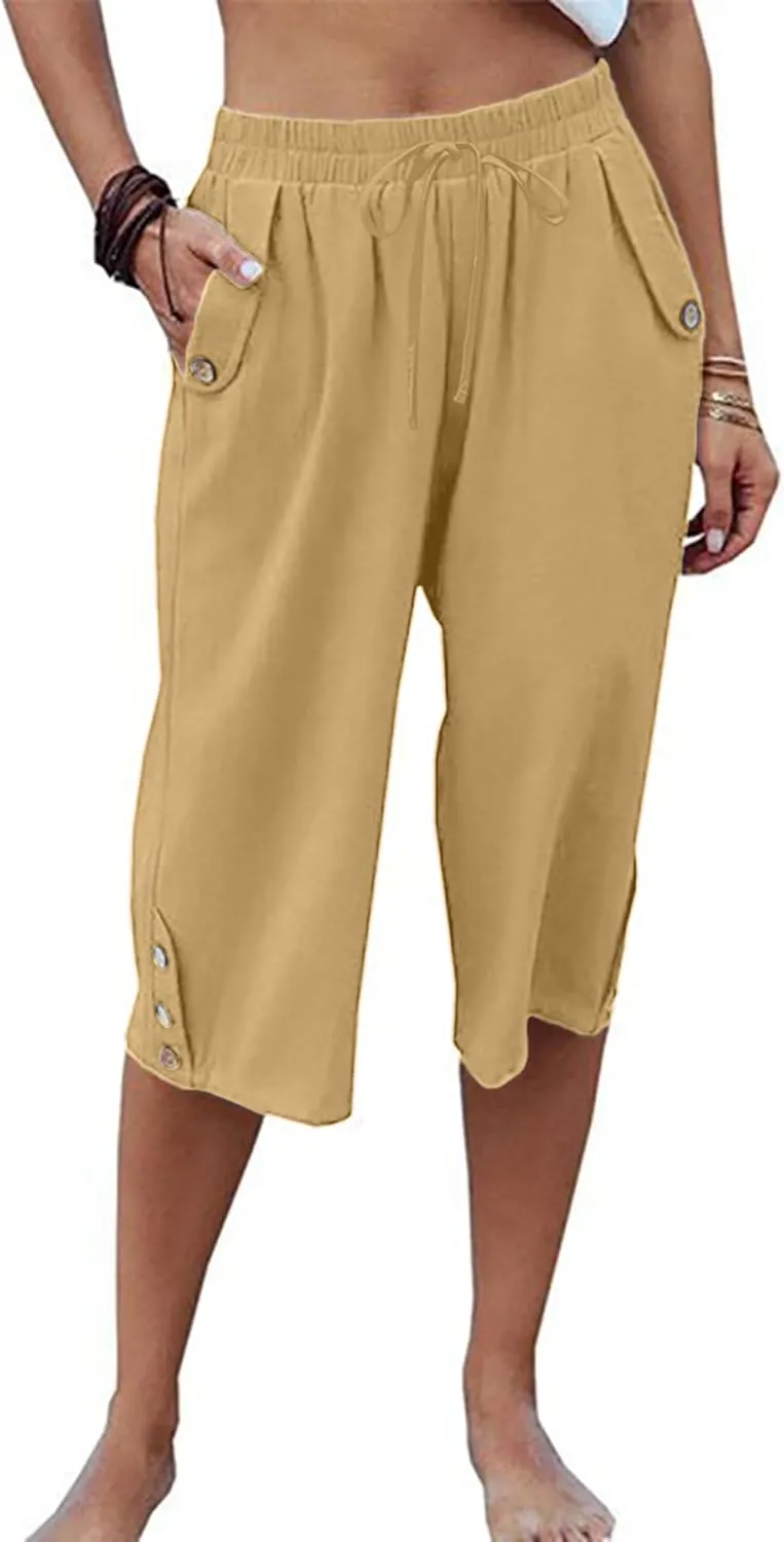Womens Casual Capri Pants Elastic Waist Solid Color 3/4 Wide Leg Summer Trousers with Pockets