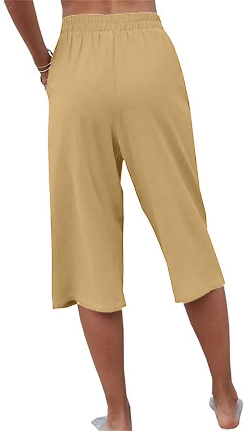 Womens Casual Capri Pants Elastic Waist Solid Color 3/4 Wide Leg Summer Trousers with Pockets
