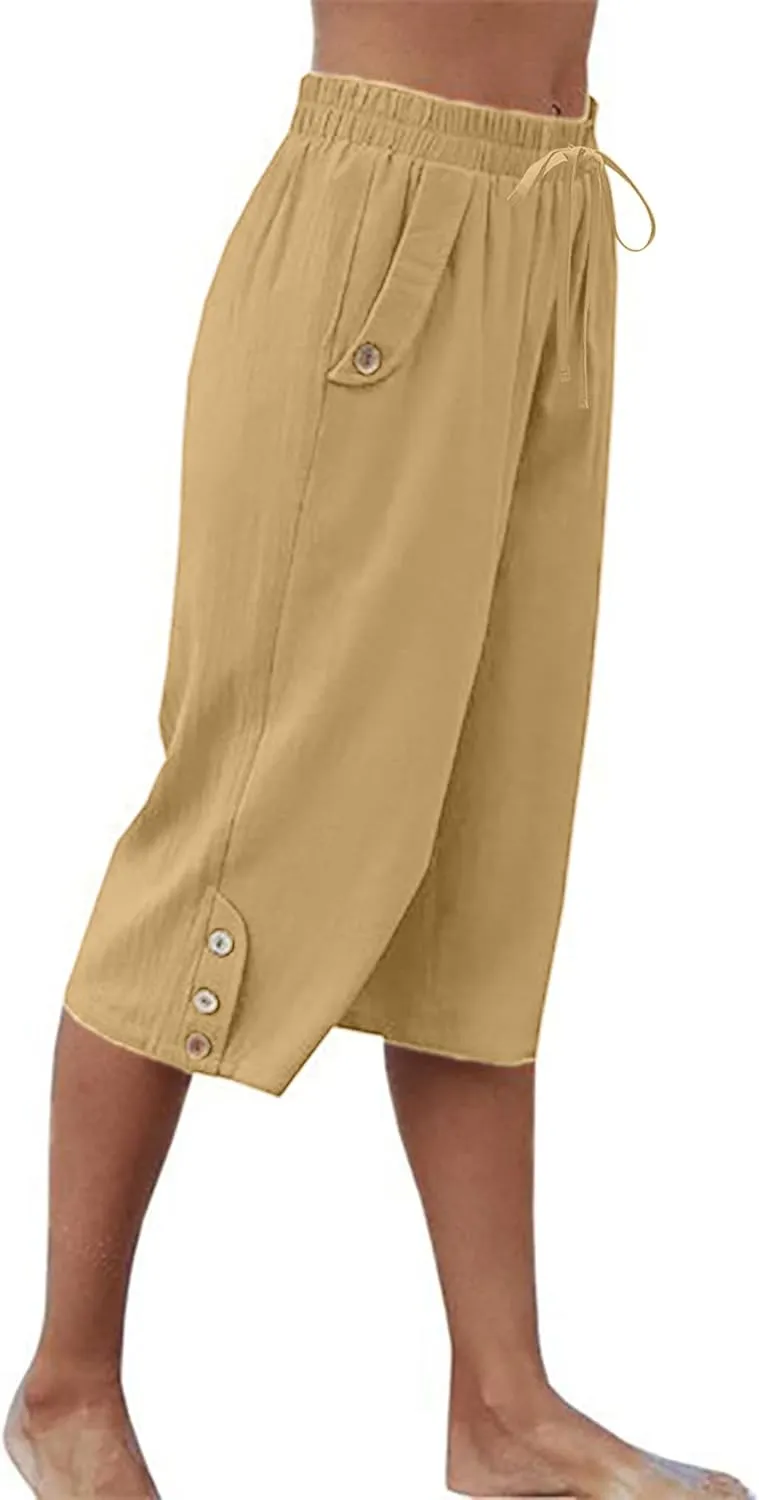 Womens Casual Capri Pants Elastic Waist Solid Color 3/4 Wide Leg Summer Trousers with Pockets