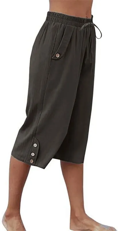 Womens Casual Capri Pants Elastic Waist Solid Color 3/4 Wide Leg Summer Trousers with Pockets