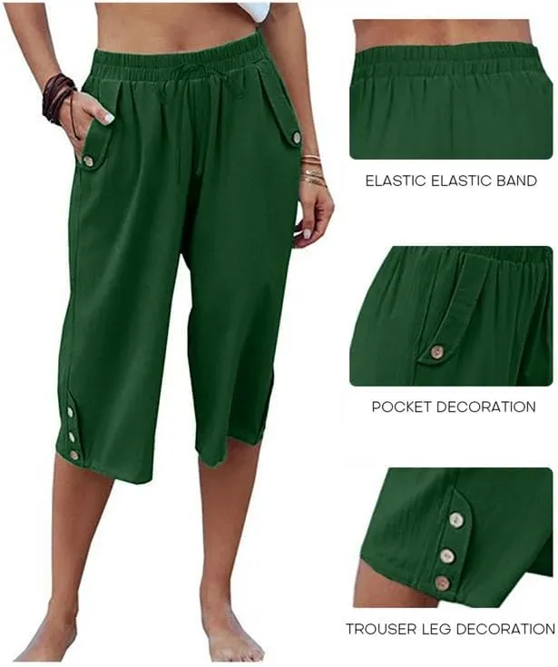 Womens Casual Capri Pants Elastic Waist Solid Color 3/4 Wide Leg Summer Trousers with Pockets