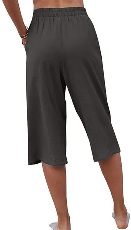 Womens Casual Capri Pants Elastic Waist Solid Color 3/4 Wide Leg Summer Trousers with Pockets