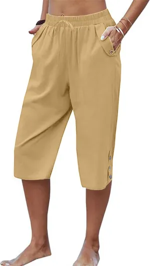 Womens Casual Capri Pants Elastic Waist Solid Color 3/4 Wide Leg Summer Trousers with Pockets