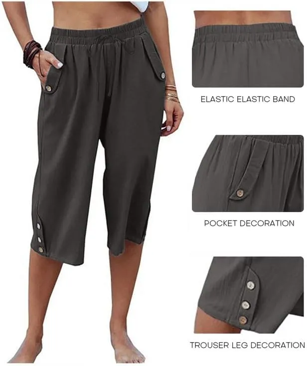 Womens Casual Capri Pants Elastic Waist Solid Color 3/4 Wide Leg Summer Trousers with Pockets
