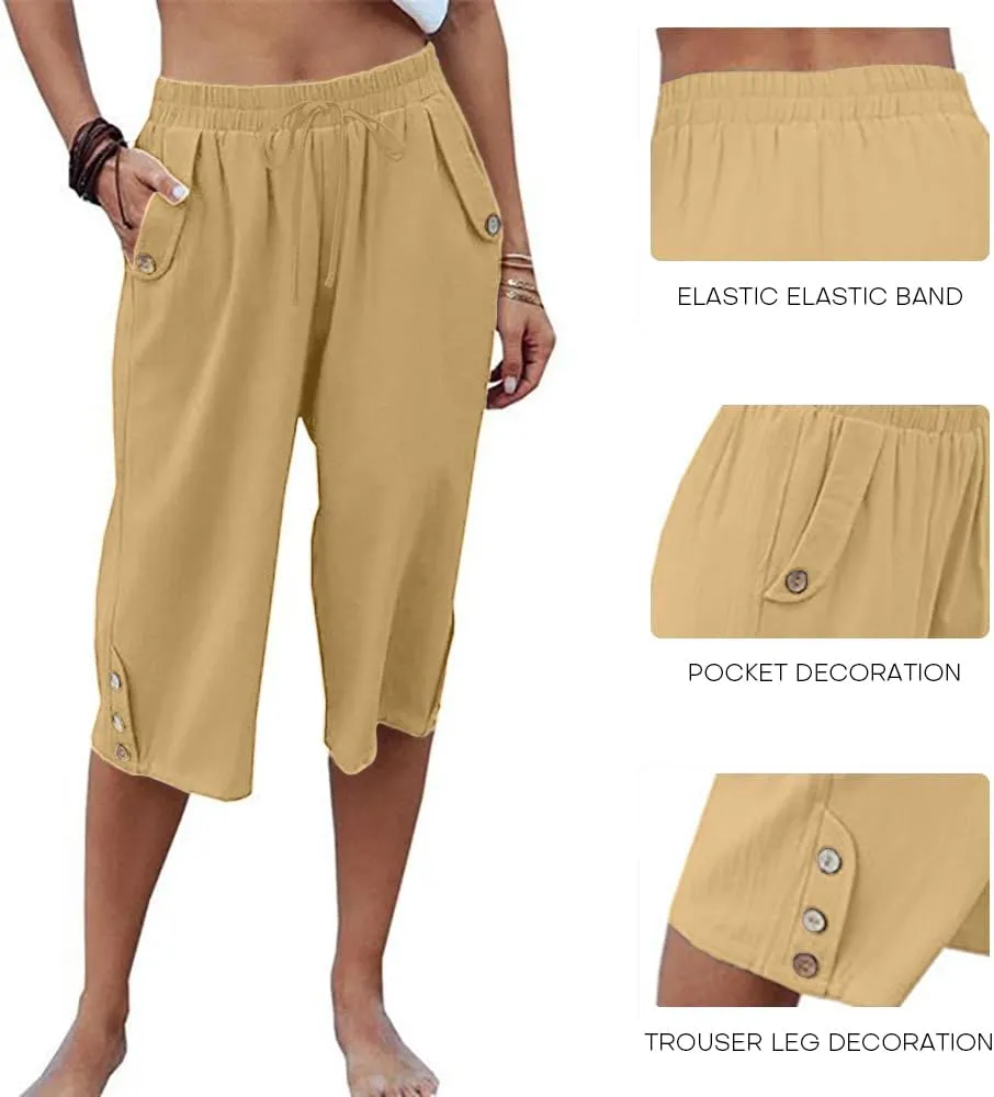 Womens Casual Capri Pants Elastic Waist Solid Color 3/4 Wide Leg Summer Trousers with Pockets