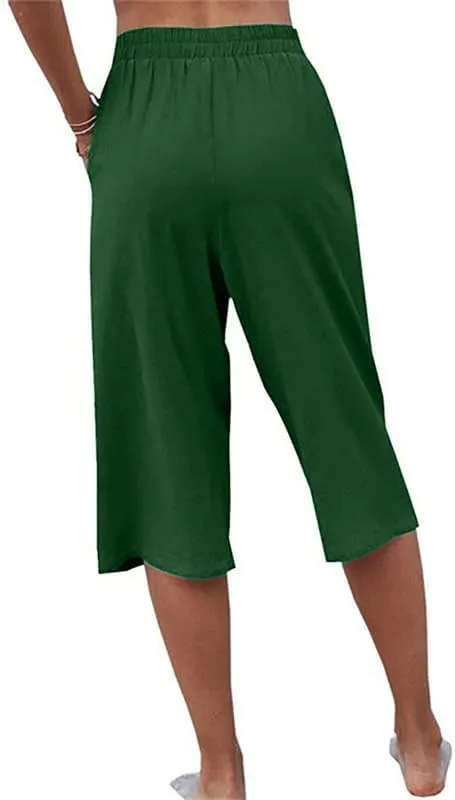 Womens Casual Capri Pants Elastic Waist Solid Color 3/4 Wide Leg Summer Trousers with Pockets