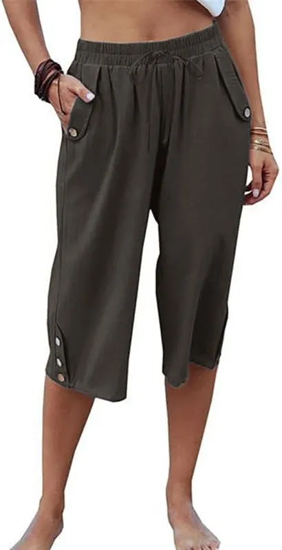 Womens Casual Capri Pants Elastic Waist Solid Color 3/4 Wide Leg Summer Trousers with Pockets