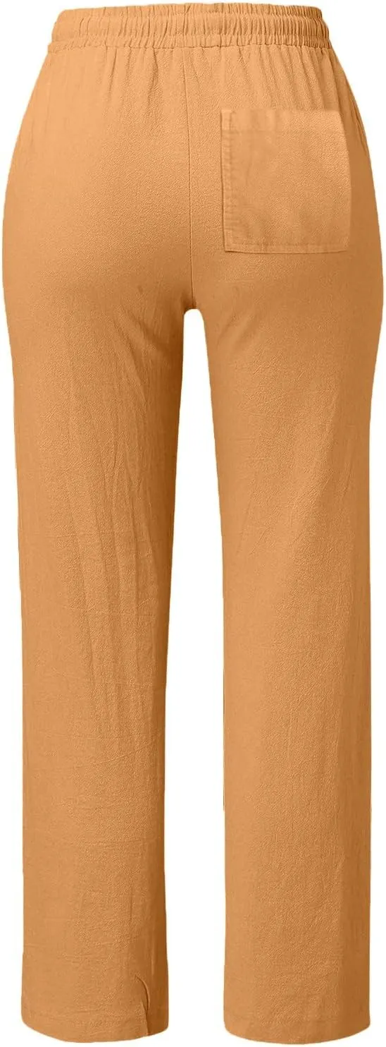 Womens Casual Cotton Linen Pants Lightweight Summer Relax Fit Elastic Waist Plus Size Solid Lounge Long Trousers