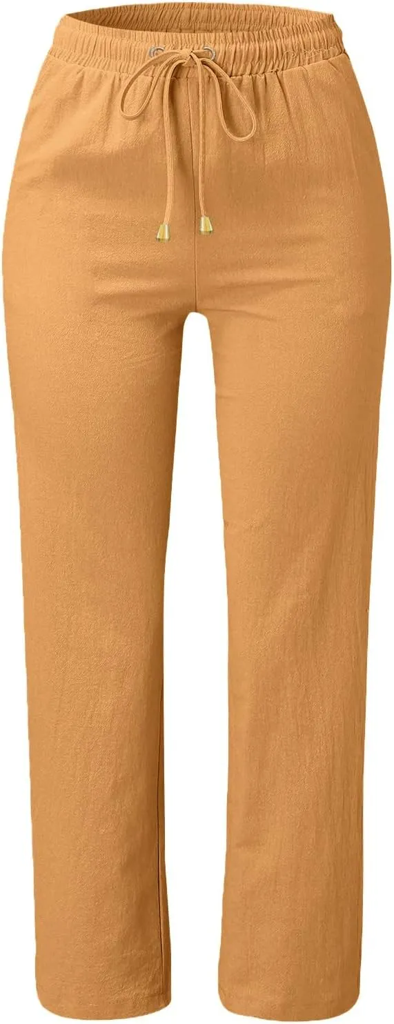 Womens Casual Cotton Linen Pants Lightweight Summer Relax Fit Elastic Waist Plus Size Solid Lounge Long Trousers