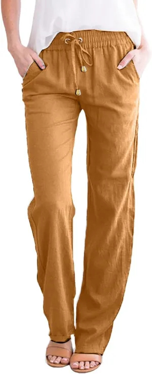 Womens Casual Cotton Linen Pants Lightweight Summer Relax Fit Elastic Waist Plus Size Solid Lounge Long Trousers