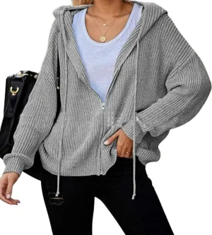 Women's Casual Zip-Up Cardigan Long Sleeve Hooded Drawstring Knit Sweatshirt Solid Coats