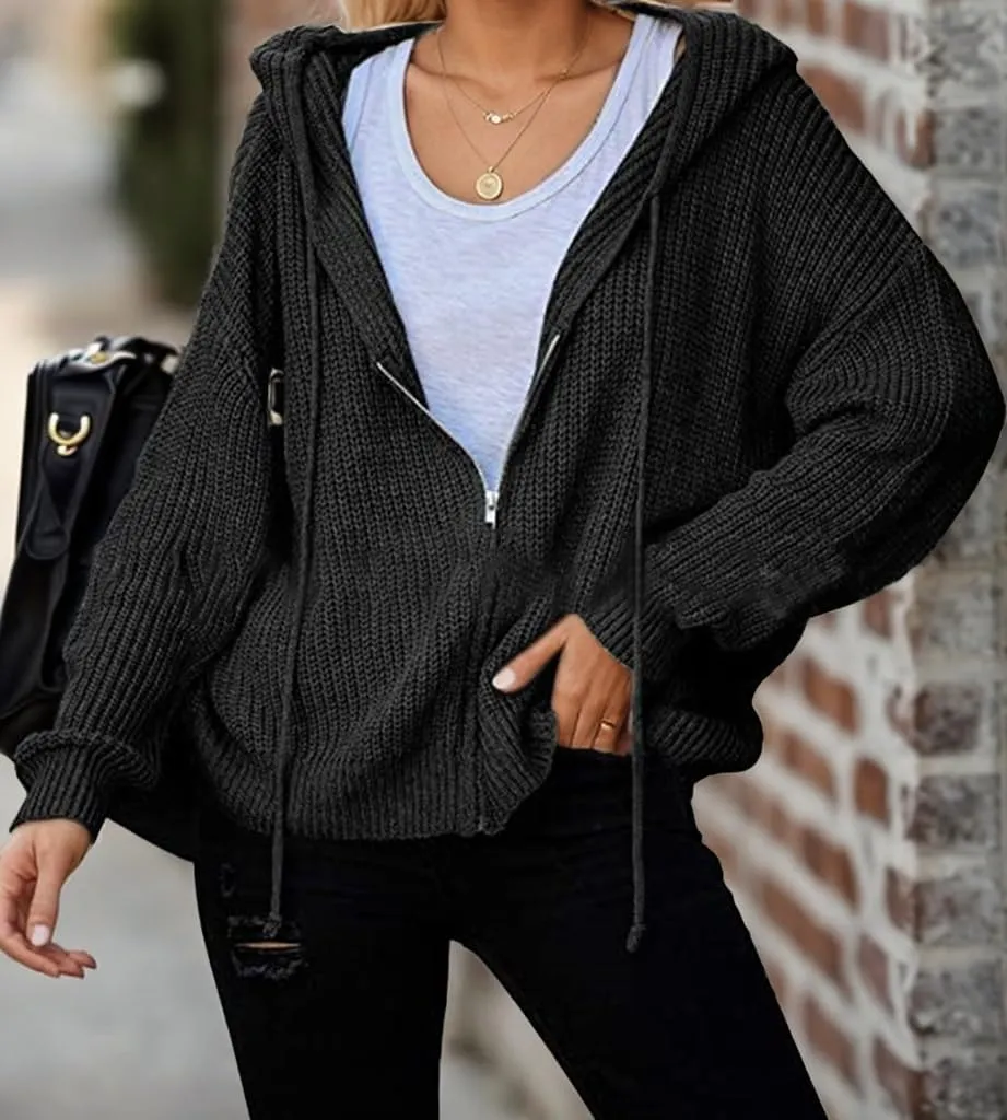 Women's Casual Zip-Up Cardigan Long Sleeve Hooded Drawstring Knit Sweatshirt Solid Coats