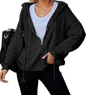 Women's Casual Zip-Up Cardigan Long Sleeve Hooded Drawstring Knit Sweatshirt Solid Coats
