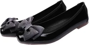 Women's Chic Patent Leather Ballet Flats Elegant Bow Square Toe Slip-On Shoes for Office Party Formal Events