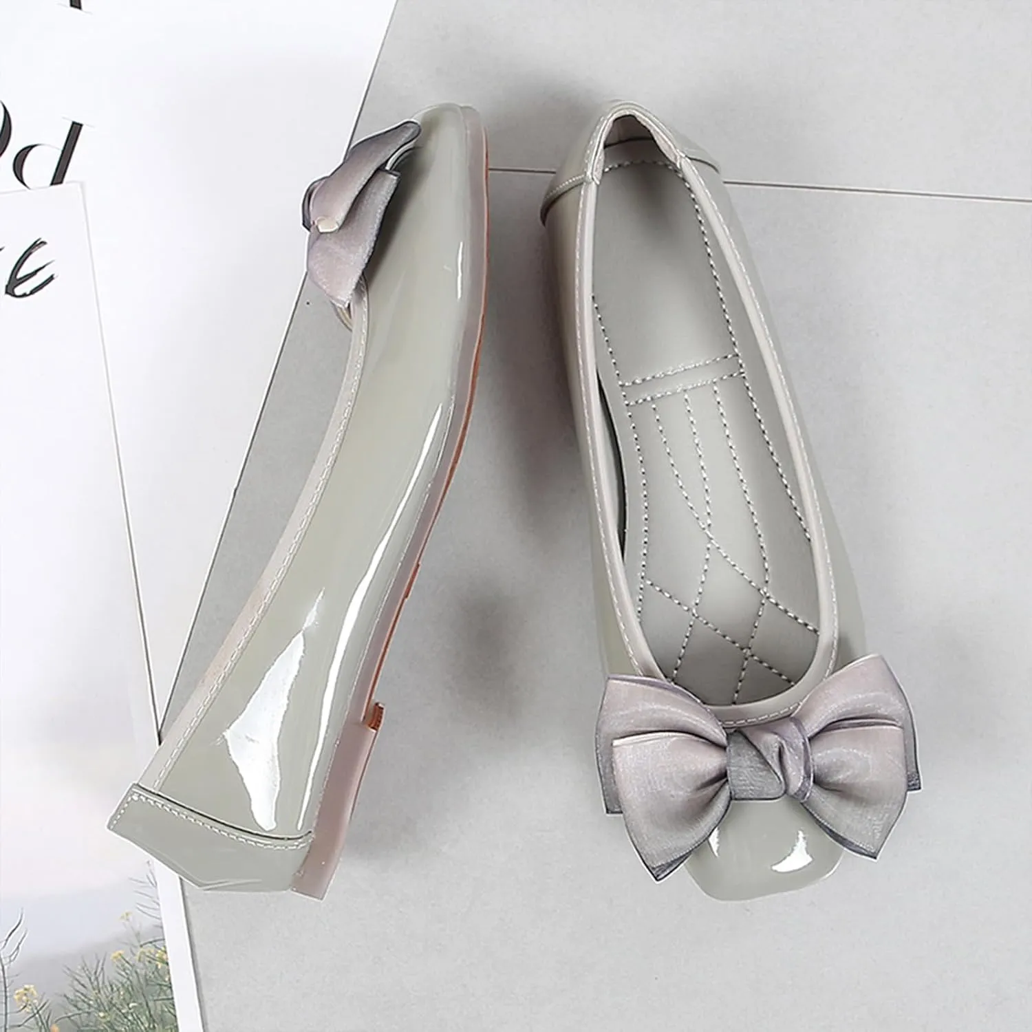 Women's Chic Patent Leather Ballet Flats Elegant Bow Square Toe Slip-On Shoes for Office Party Formal Events
