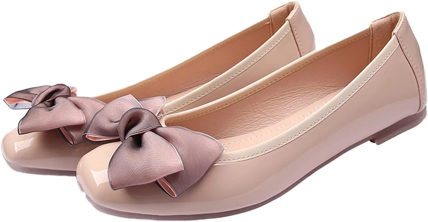 Women's Chic Patent Leather Ballet Flats Elegant Bow Square Toe Slip-On Shoes for Office Party Formal Events
