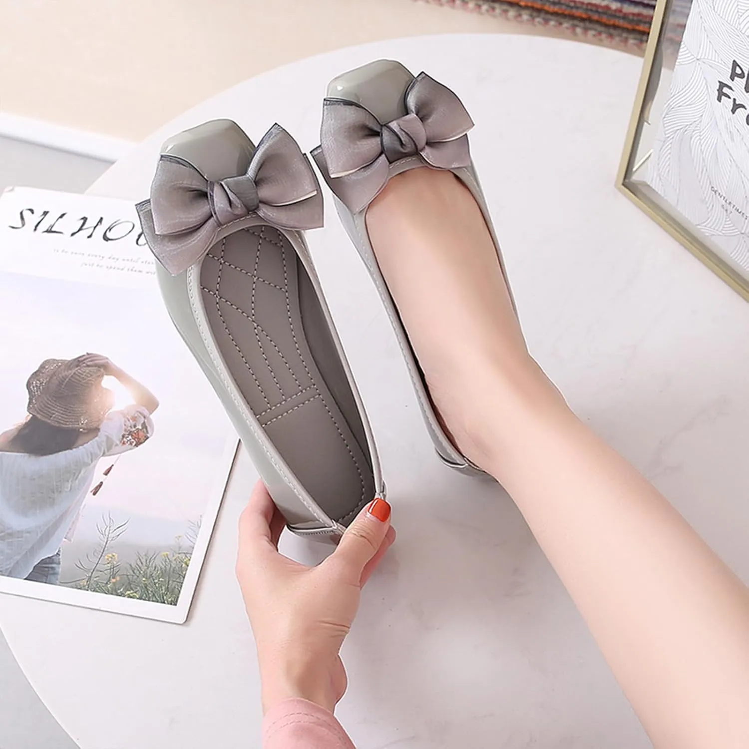 Women's Chic Patent Leather Ballet Flats Elegant Bow Square Toe Slip-On Shoes for Office Party Formal Events