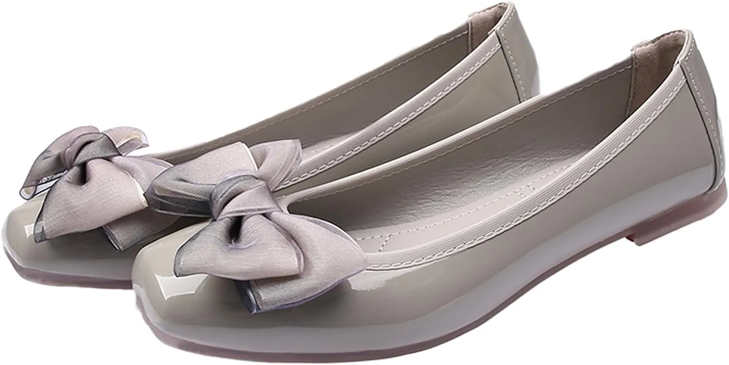 Women's Chic Patent Leather Ballet Flats Elegant Bow Square Toe Slip-On Shoes for Office Party Formal Events