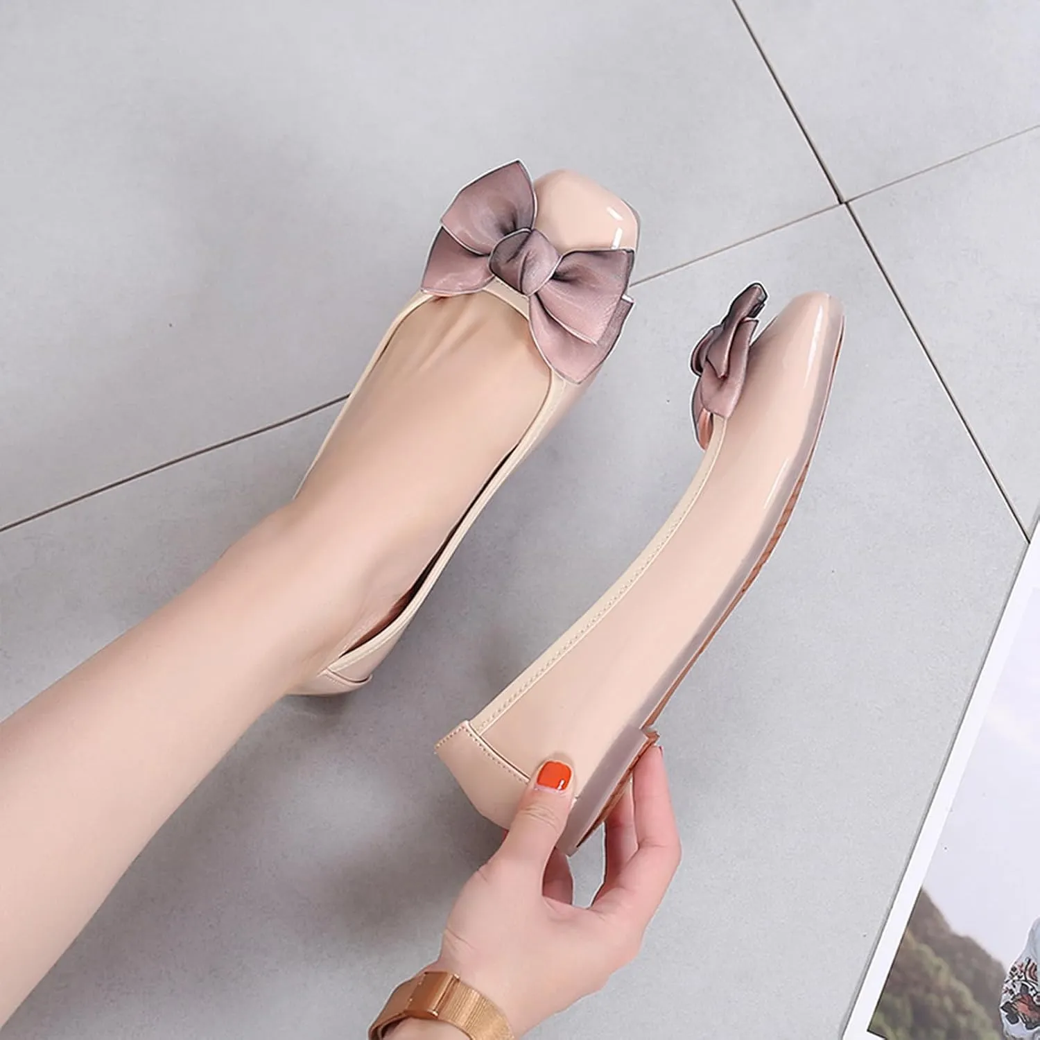 Women's Chic Patent Leather Ballet Flats Elegant Bow Square Toe Slip-On Shoes for Office Party Formal Events