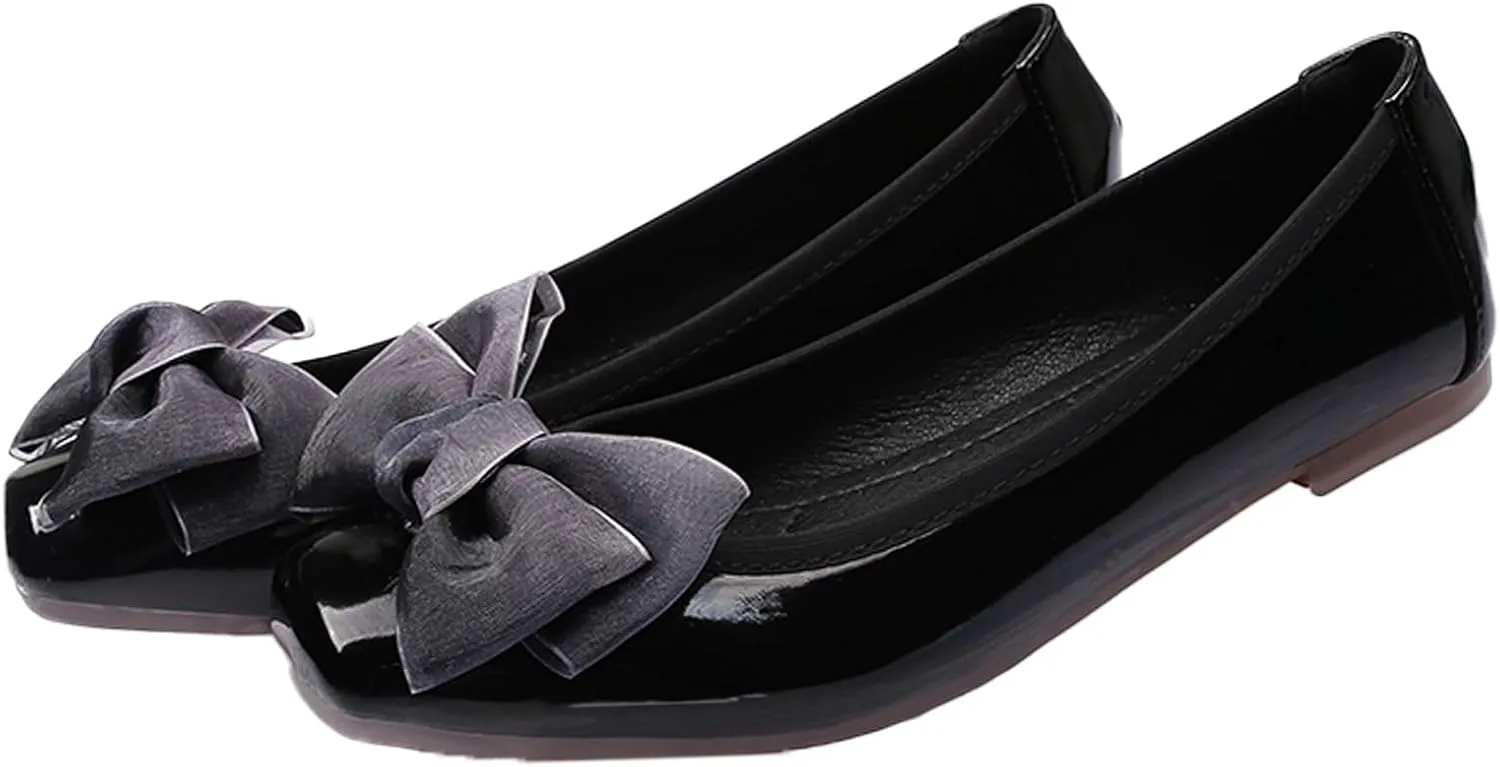 Women's Chic Patent Leather Ballet Flats Elegant Bow Square Toe Slip-On Shoes for Office Party Formal Events