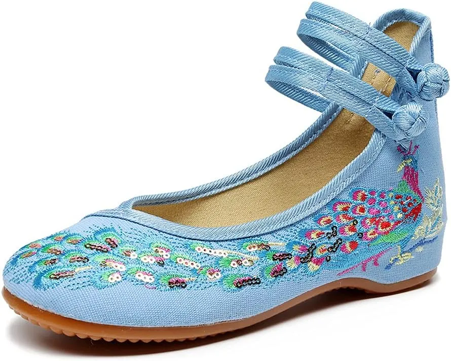 Womens Chinese Traditional Embroidery Flats Cheongsam Walking Mary Jane Shoes Handmade Flower Embroidered Shoes