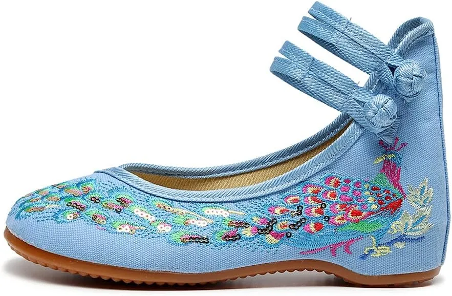 Womens Chinese Traditional Embroidery Flats Cheongsam Walking Mary Jane Shoes Handmade Flower Embroidered Shoes