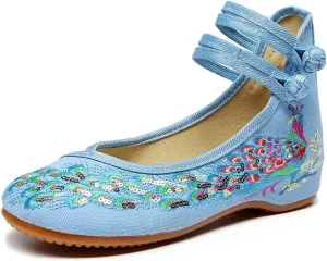 Womens Chinese Traditional Embroidery Flats Cheongsam Walking Mary Jane Shoes Handmade Flower Embroidered Shoes