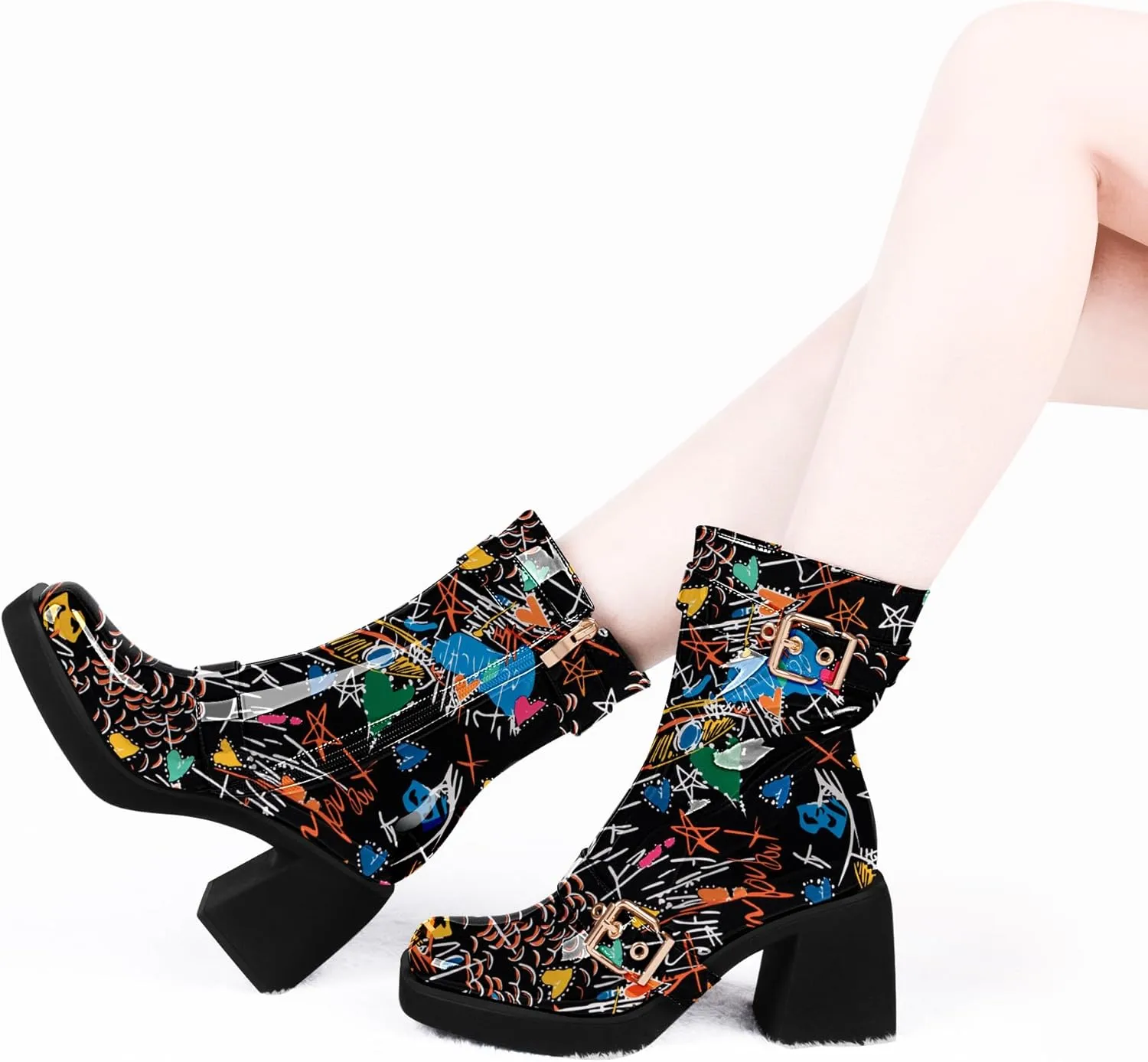 Women's Chunky Heel Square Toe Platform Buckle Strap Mid Calf Boots
