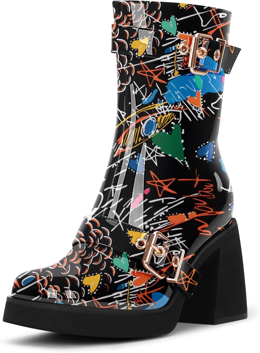 Women's Chunky Heel Square Toe Platform Buckle Strap Mid Calf Boots