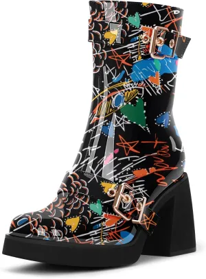 Women's Chunky Heel Square Toe Platform Buckle Strap Mid Calf Boots