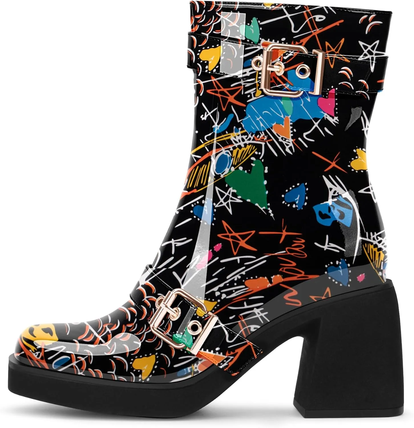 Women's Chunky Heel Square Toe Platform Buckle Strap Mid Calf Boots