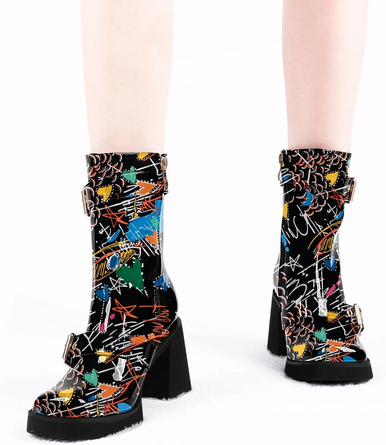 Women's Chunky Heel Square Toe Platform Buckle Strap Mid Calf Boots