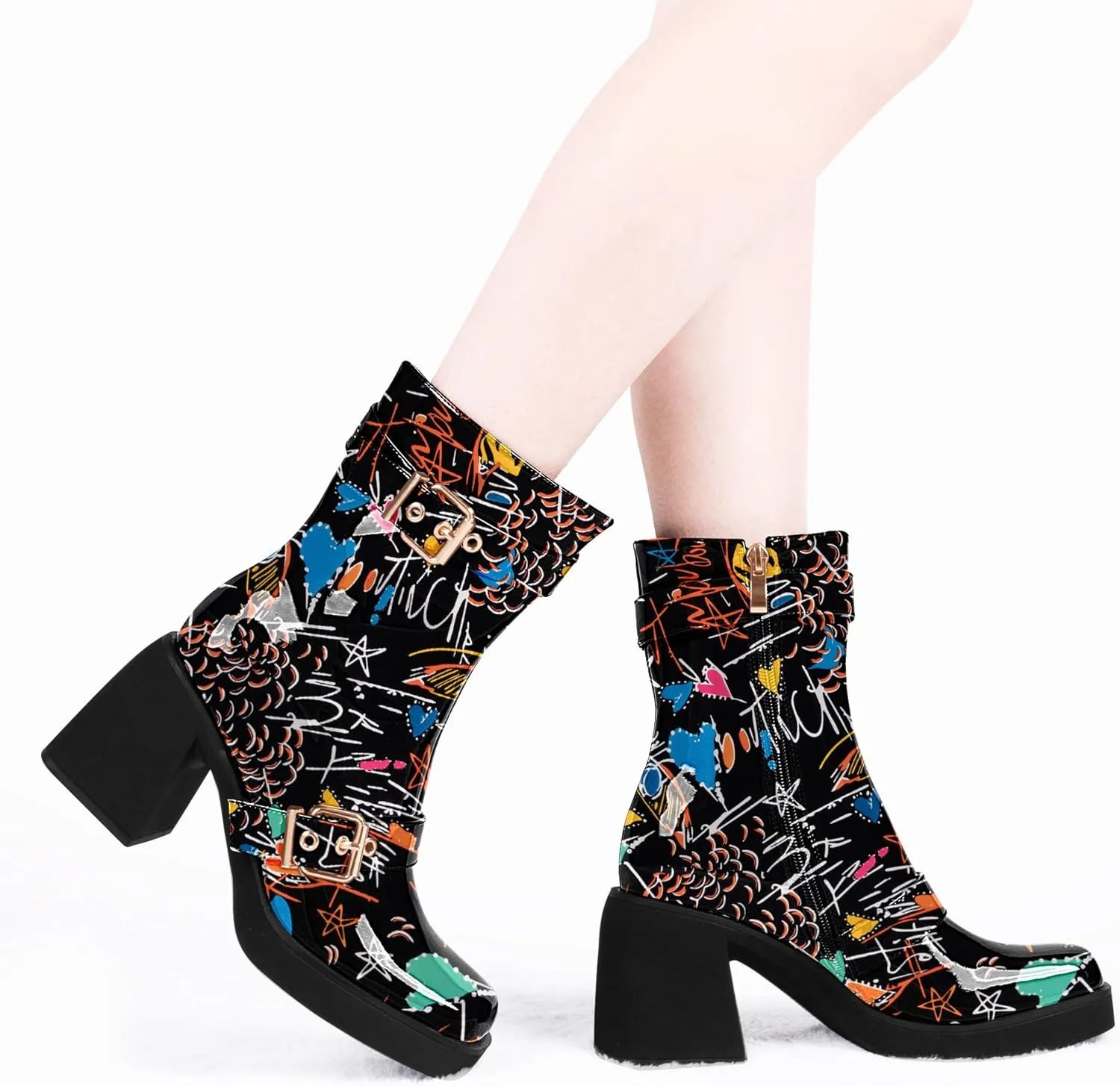 Women's Chunky Heel Square Toe Platform Buckle Strap Mid Calf Boots