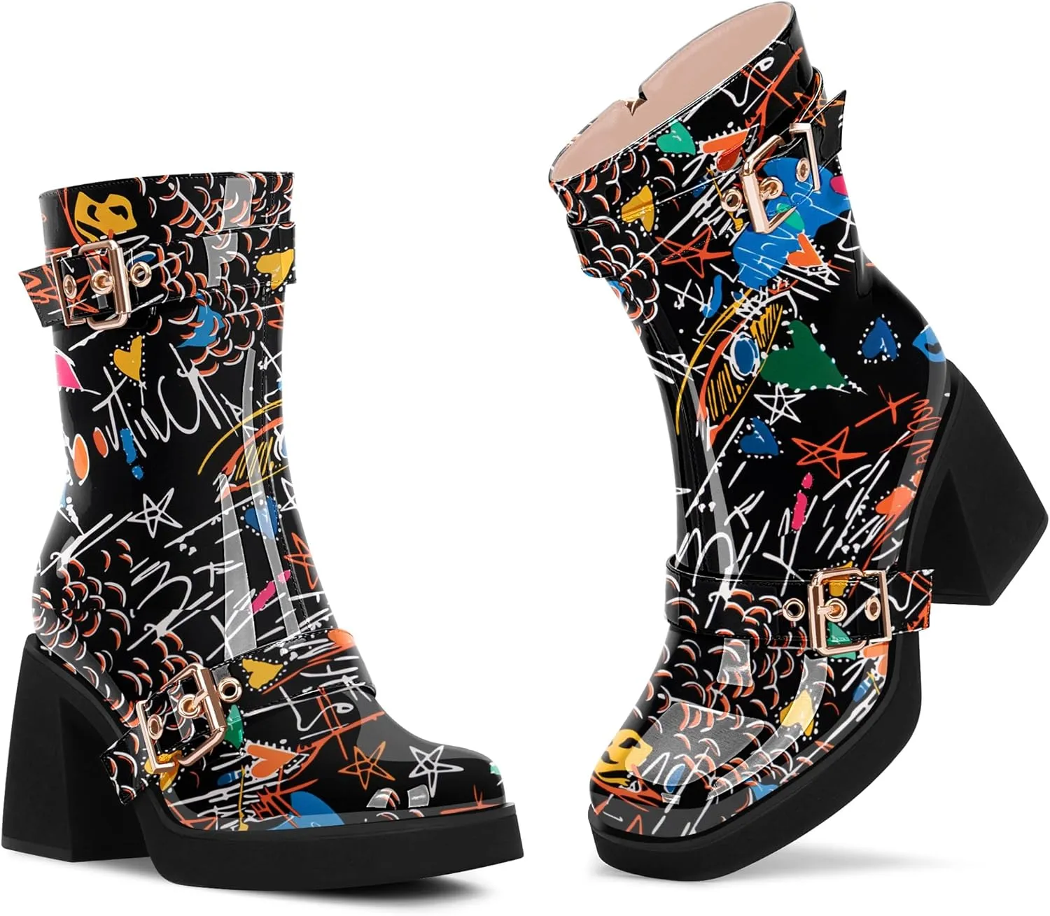 Women's Chunky Heel Square Toe Platform Buckle Strap Mid Calf Boots