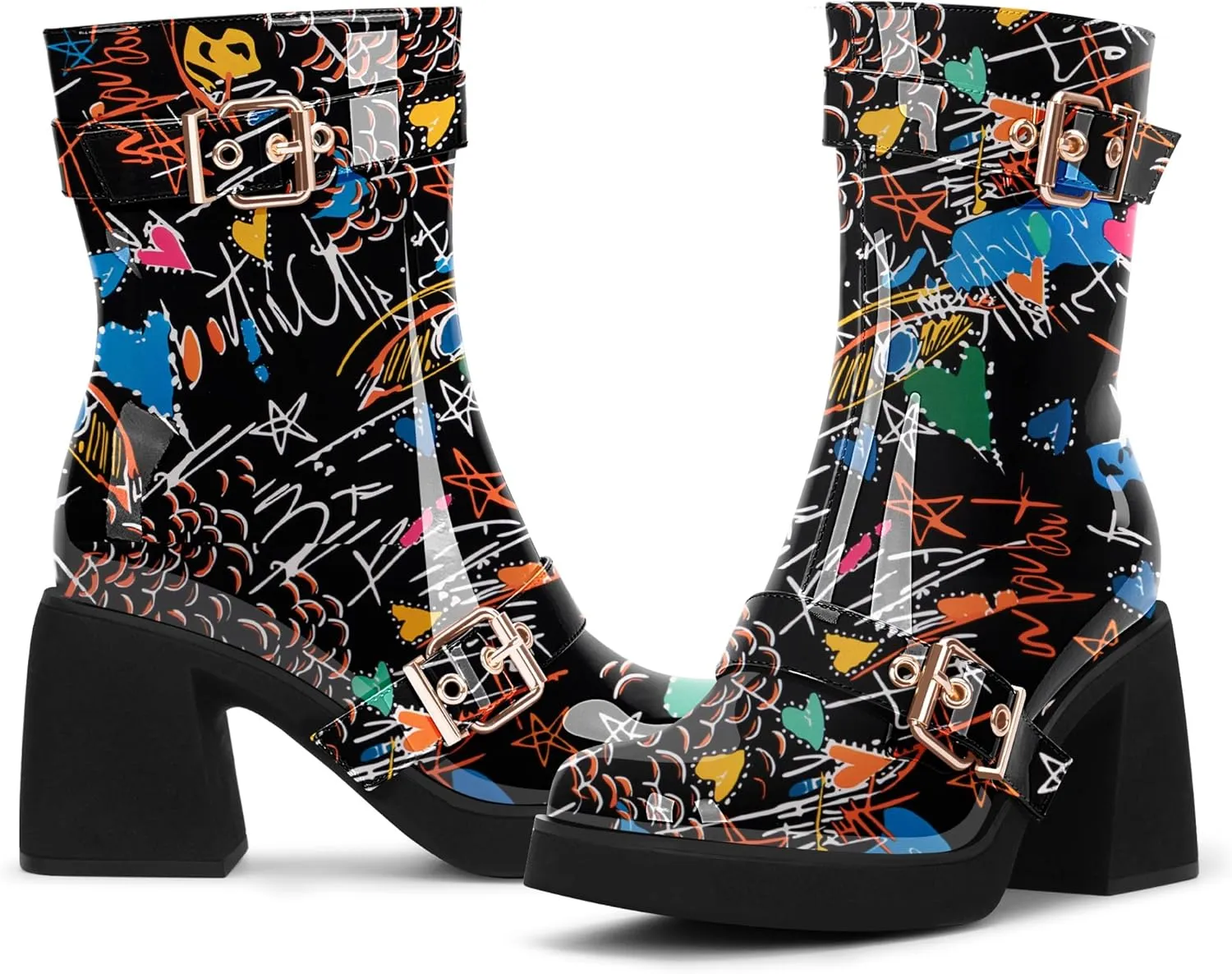 Women's Chunky Heel Square Toe Platform Buckle Strap Mid Calf Boots