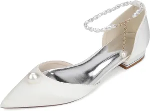 Women's Closed Toe Wedding Flats Satin Pearl Ankle Strap Bridal Shoes Comfortable Evening Prom Party Dress Pumps Sandals