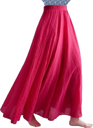 Women's Cotton Linen Maxi Skirt - Lightweight High Waist Stretchy Waistband, Flowy A-Line Casual Skirt Teacher Outfits